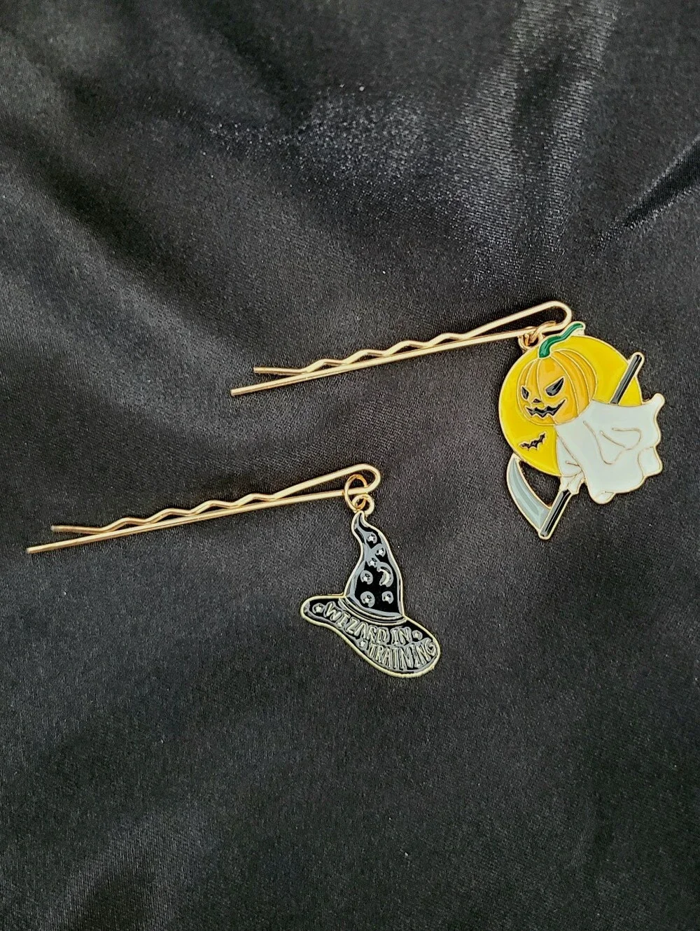 Gold Halloween Charm Hair Pins - Pumpkin & Witch Hat